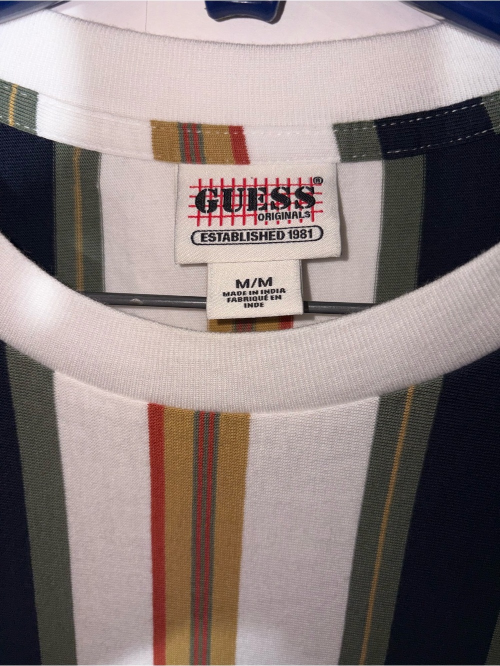Guess Originals Men's Vertical Stripe Tee in White, Black, Olive & Tan Size M - Picture 4 of 7